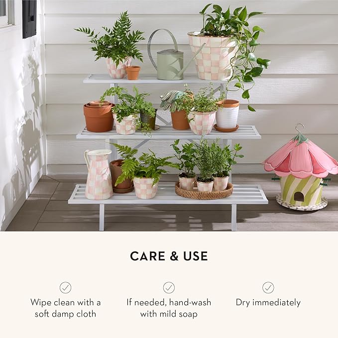 MACKENZIE-CHILDS Enamel Herb Pots, Small Plant Pots for Herbs or Flowers, Set of 3, Pink-and-White Rosy Check-Ruum Studio Home