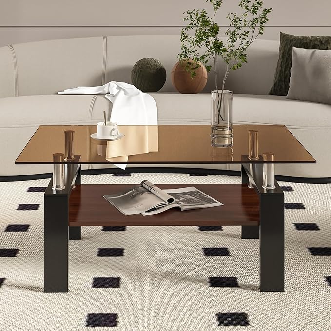 39" Brown Glass Coffee Table Walnut Modern Living Room Center Table Rectangle, with Wooden MDF Storage Layer, Black Metal Leg, for Small Apartment and Office, Brown-Ruum Studio Home