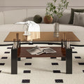 39" Brown Glass Coffee Table Walnut Modern Living Room Center Table Rectangle, with Wooden MDF Storage Layer, Black Metal Leg, for Small Apartment and Office, Brown-Ruum Studio Home