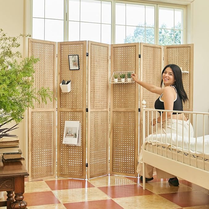 ‌Room Divider Freestanding Folding Pegboard Privacy Screen | 6-Panel Display Stand for Jewelry, Craft Shows, Retail | Natural Wood, Portable & Space-Saving Design-Ruum Studio Home