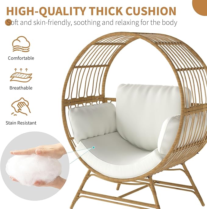 Egg Chair Outdoor Indoor, Oversized Rattan Chair with Thicken Cushion, 350LBS Capacity Wicker Patio Lounge Chair, Basket Chair for Living Room Balcony Porch Backyard, Beige-Ruum Studio Home