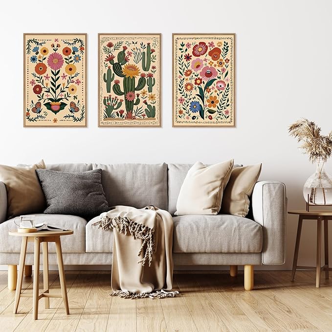 HLNIUC Vintage Flower Framed Canvas Wall Art,Colorful Desert Cactus Flower Wall Decor Set of 3(16”x24”)Boho Botanical Floral Butterfly Wall Painting,Large Desert Plant Art Print for Living Room,Office-Ruum Studio Home