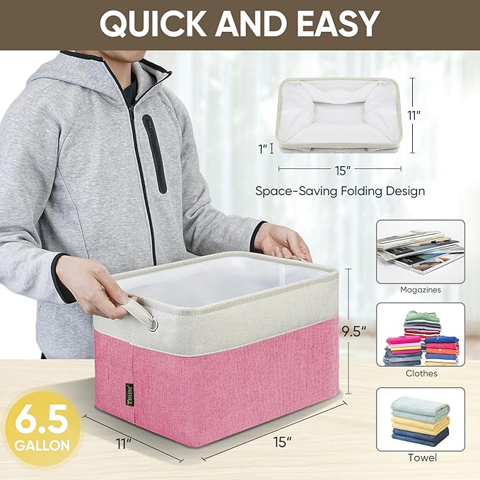 BALEINE 4 Pack Fabric Storage Bins for Shelves, Linen Storage Baskets for Organizing, Decorative Closet Bins for Clothes, Home (Pink, 15''x11''x9.5'')-Ruum Studio Home