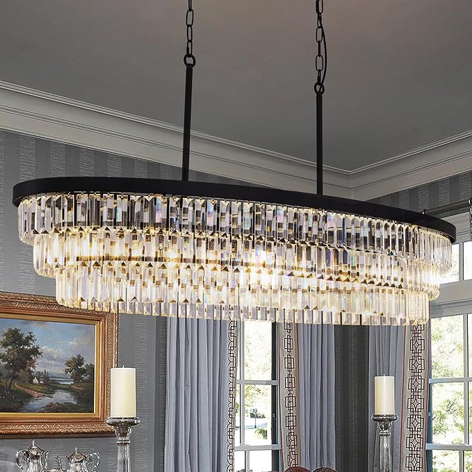 TOCHIC Crystal Chandelier 47 inch, 9 Lights Large Black Crystal Chandeliers for Dining Room, Modern Farmhouse Oval Chandelier Kitchen Island Lighting Fixture for High Ceiling, Living Room, Bar-Ruum Studio Home