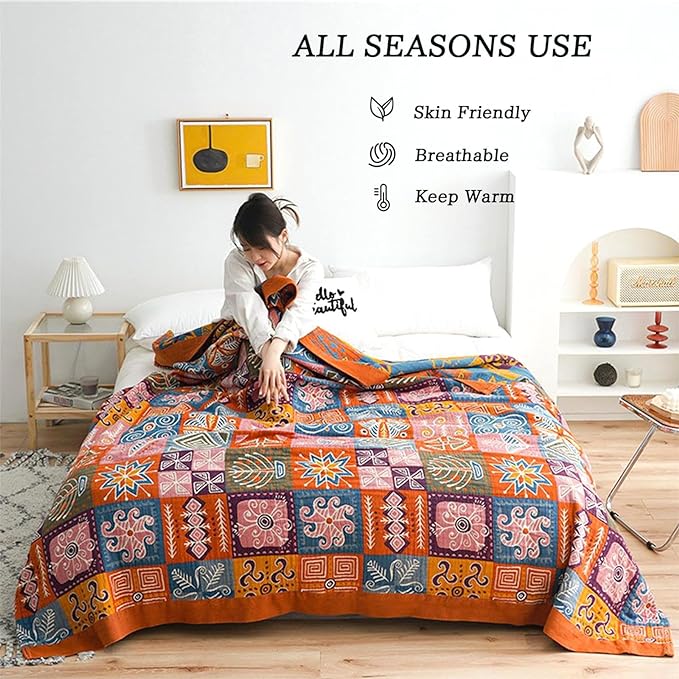 Christmas Cotton Throw Blanket for Couch Bed 60''x80'',Cotton Quilt Boho Throw Blanket Muslin Bed Travel Blanket Vintage Soft Cozy Checkered Blankets Gift for Women-Ruum Studio Home