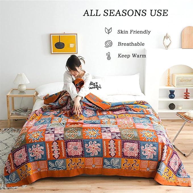 Boho Throw Blanket King Size Christmas Blanket 100% Cotton Blankets for Couch Bed, Cotton Quilts Muslin Bed Blanket 90''x 98'' Cozy Pre-Washed Decor Gift for All Seasons-Ruum Studio Home