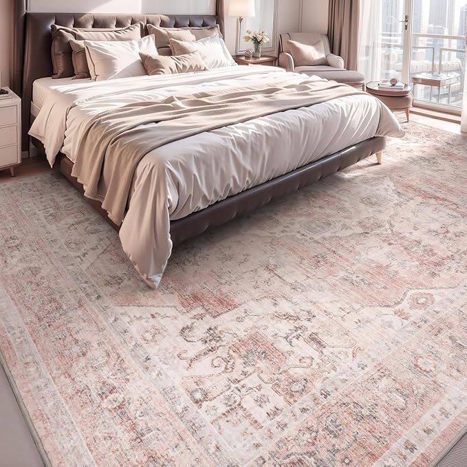 AMOAMI 6FT Round Vintage Soft Pink Rug - Non Slip Circle Machine Washable Rug for Living Room, Bedroom, Office Under Table-Ruum Studio Home