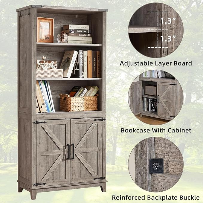 70in Tall Bookshelf 5 Tier Bookcase with Barn Doors and Adjustable Shelves, Grey Farmhouse Book Shelf with Storage Cabinet, Wood Freestanding Display Bookshelves for Bedroom, Kitchen (2PCS)-Ruum Studio Home