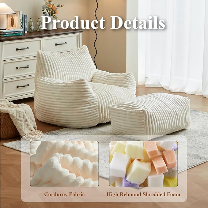 Premium Beige Bean Bag Chair for Adults with Armrest- Ultra Plush Memory Foam Lounge Sofa & Comfy Reading Nook Chair for Bedroom, Living Room & Dorm (White, Without Pedals)-Ruum Studio Home