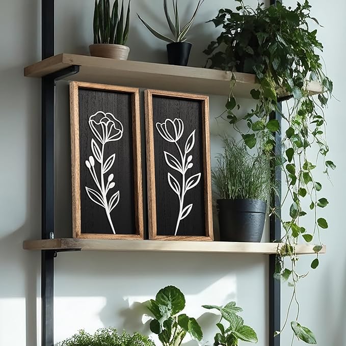 3D Vintage Black Living Room Decor (Set of 2) Lightweight, Wooden Ready-to-Hang Framed Moody Floral Wall Art for Bathroom, Bedroom or Office - Dark Textured Boho Farmhouse Wall Decor - Gift-Boxed-Ruum Studio Home