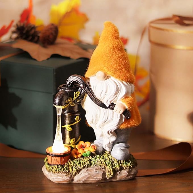 TERESA'S COLLECTIONS Fall Decor, Fall Gnomes Decor, Autumn Garden Gnomes Pumping Water with Solar Lights, Waterproof Resin Outdoor Fall Decor, Fall Gifts Outdoor/Indoor,9"-Ruum Studio Home