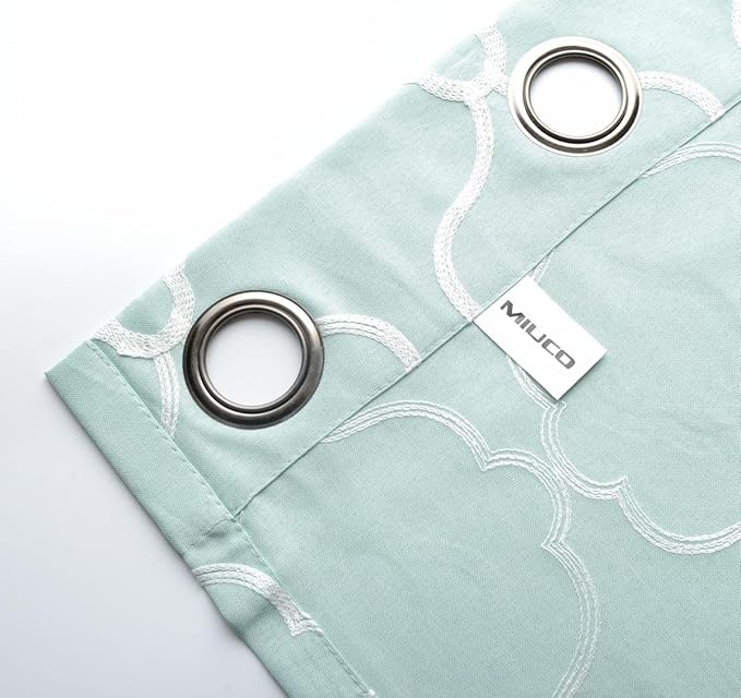 MIUCO Moroccan Embroidered Semi Sheer Curtains Faux Linen Grommet Window Panel Pair for Kitchen 52 x 63 Inch, Subtle Green-Ruum Studio Home