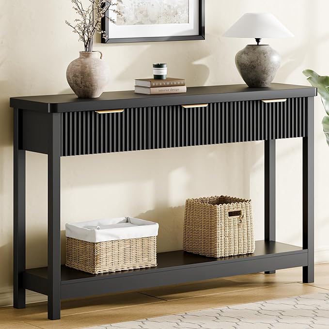 Lulive 51" Fluted Console Table for Entryway, Entryway Table with 3 Wooden Drawers, Farmhouse Behind Sofa Table for Living Room, Hallway, Couch, Foyer-Ruum Studio Home