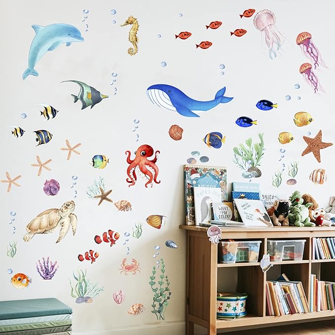 Sea Turtle Ocean Fish Wall Decals Glow in The Dark, Under The Sea Life Animals Stickers for Ceiling, Girls Boys Waterproof Decoration for Living Room Wall Bathroom Toilet-Ruum Studio Home
