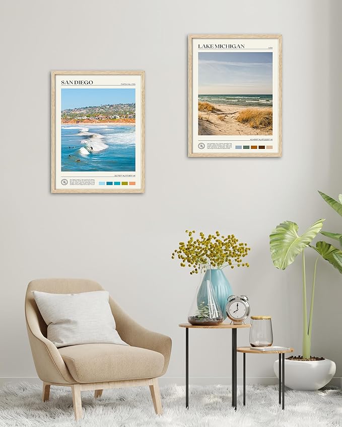 HesenDot Natural OAK Wood San Diego Surfing Framed Wall Art,12x16in Natural Seascape Canvas Wall Print,Classic Urban Landmark Wall Decor for Living Room,Bedroom,Office Gallery Gifts Set of 1-Ruum Studio Home