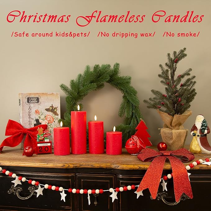 LUSHABOR Flameless Candles, 4 Pack Battery Operated Candles with Remote, Real Wax LED Fake Candles with Timer Flickering for Christmas Wedding Home Party D3 H 5" 6" 7" 9" Red-Ruum Studio Home