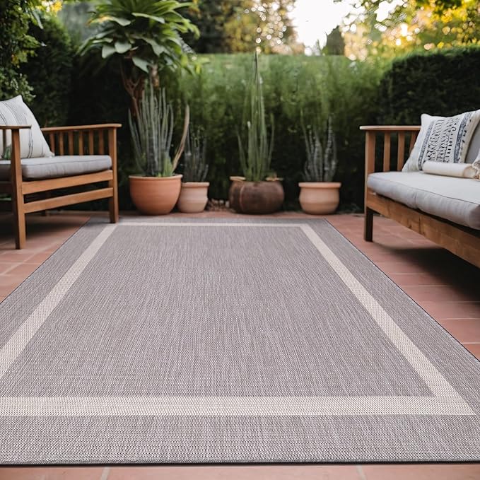 Bordered Outdoor Rug 9x12 Washable Outside Carpet for Indoor Patio Porch Waterproof Easy Cleaning Non Shedding Area Rugs Gray 9 x 12-Ruum Studio Home