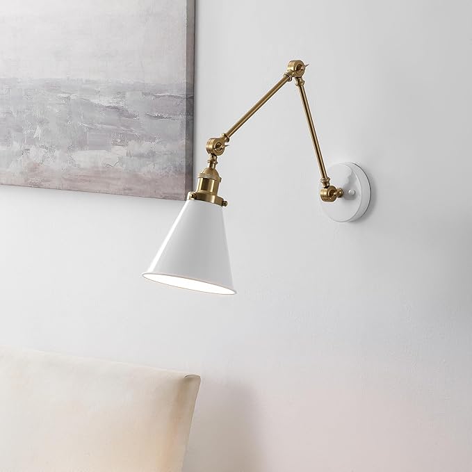 JONATHAN Y JYL7462B Rover 7" Classic Industrial Metal Adjustable Arm LED Wall Sconce, White/Brass Gold for Bedroom, Bathroom, Vanity-Ruum Studio Home