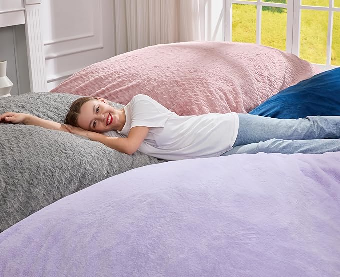 Hobestluk 3 in 1 Bean Bag Chair Giant Bean Bag Chairs for Adults with Chevron Plush Fur Cover Convertible Bean Bag Floor Cushion with Machine Washable Cover for Living Room (Plush Pink)-Ruum Studio Home