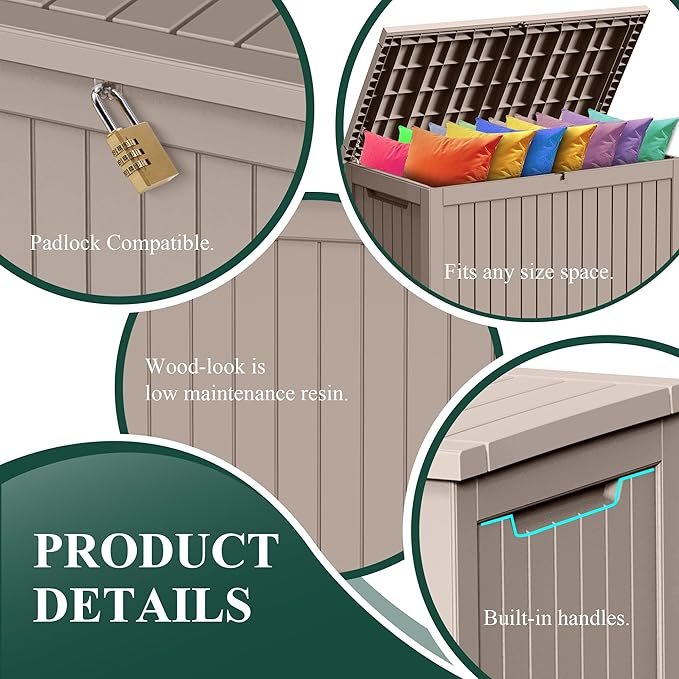 230 Gallon Outside Storage Box, Resin All Weather Storage Cabinet, Large Deck Box for Garden Tools, Patio Furniture, Sports Equipment, Light Brown-Ruum Studio Home