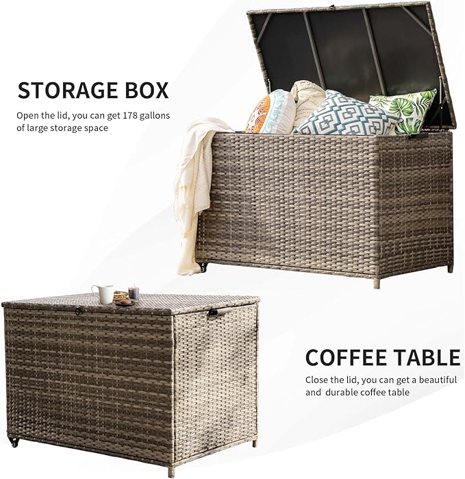 178 Gallon Outdoor Storage Box, Patio Deck Box with 2 Wheels, Handle Large Portable Wicker Rattan Deck Box for Patio Furniture Cushions, Throw Pillows, Garden Tools and Pool Floats (Gray)-Ruum Studio Home