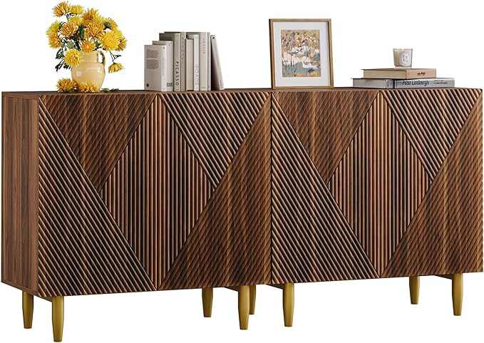 65 Inch Fluted TV Stand, Mid Century Modern Entertainment Center with Storage Cabinets & Adjustable Shelves, Media Console TV Credenza for Living Room, Dining Room, Hallway, Walnut-Ruum Studio Home