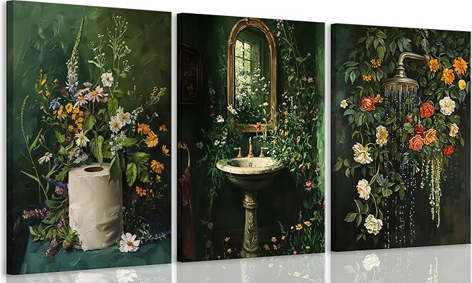 3Pcs Framed Vintage Dark Green Bathroom Wall Art Shower Toilet Paper Roll Floral Poster Print Modern Farmhouse plants Painting Picture Wall Decor For Bathroom Living Room Decoration-Ruum Studio Home