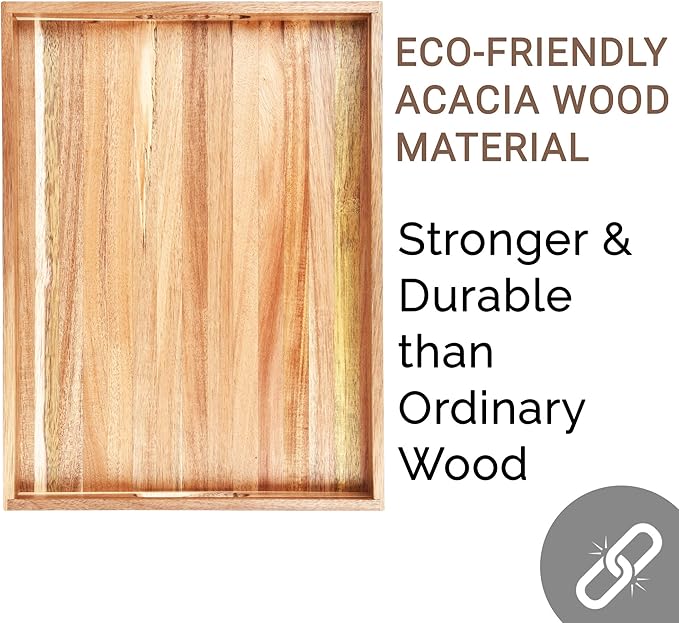 Acacia Wood Serving Tray with Handles Set of 2 – Decorative Serving Trays Platter for Breakfast in Bed, Lunch, Dinner, Patio, Ottoman, Coffee Table, BBQ, Party –Great for Lap &Couch-Ruum Studio Home