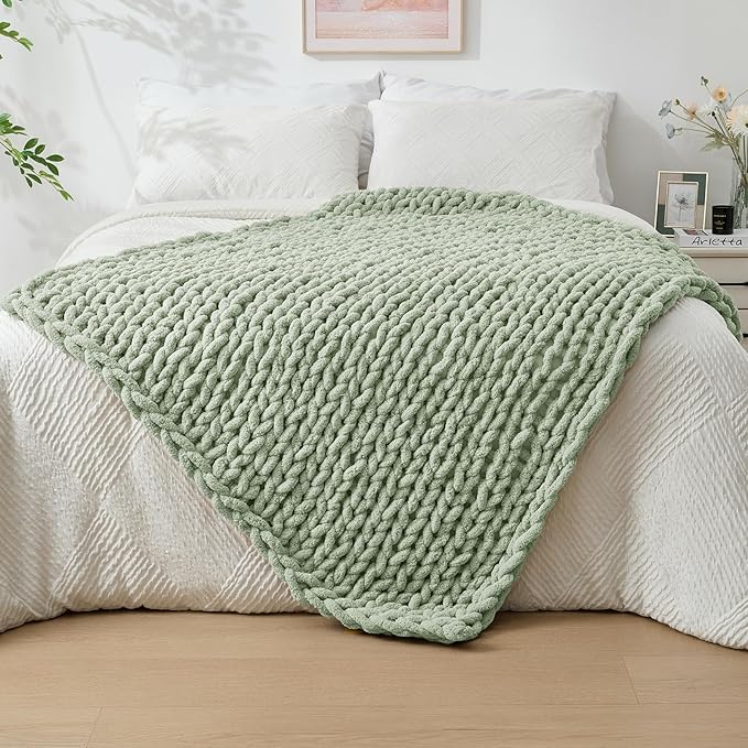 Bigacogo Chunky Knit Throw Blanket for Couch, 40x60 inches, 100% Hand Knitted with Thick Jumbo Chenille Yarn, Cozy Soft Large Rope Knot Cable Crochet Blankets for Sofa Bed Living Room, Sage Green-Ruum Studio Home