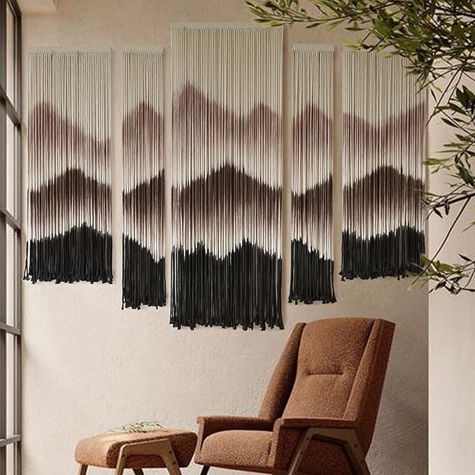 IOWER Large Macrame Wall Hanging Mountain Handmade Brown Dip-Dyed Boho Wall Decor 5Pcs Art Wall Decor for Bedroom Living Room Fiber Art Tapestry-Ruum Studio Home