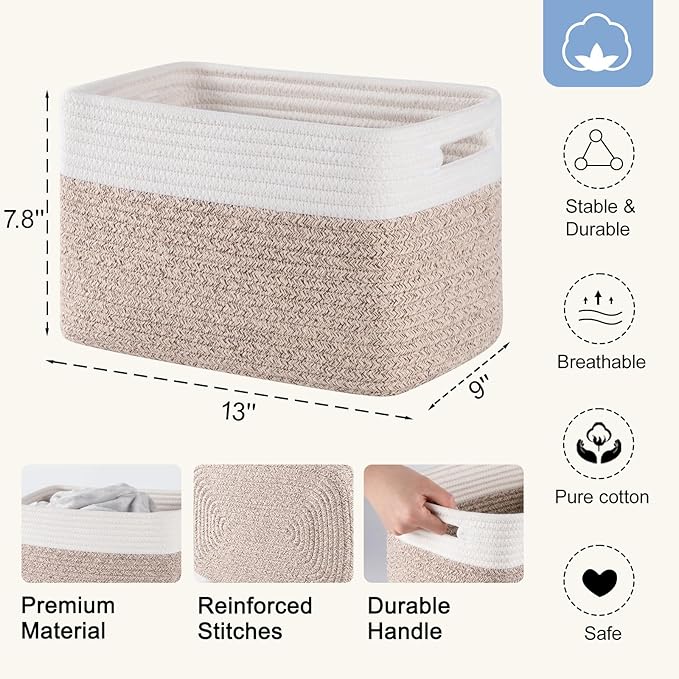 4 Pack Storage Baskets for Organizing, Woven Baskets for Shelves - Perfect for Toys, Books, Towels, and Clothes, Durable Gift Basket Bins Toy Storage, 12.7''Lx9''Wx7.8''H, Brown & White-Ruum Studio Home