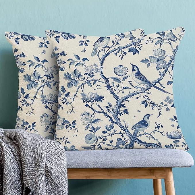 CXMEIFLY Spring Floral Pillow Covers 18 x 18 Inch Set of 2 for Navy Blue Chinoiserie Flowers Bird Decor Throw Pillows Vintage Plant Outdoor Decorative Cushion Cases for Couch Bed Decorations-Ruum Studio Home