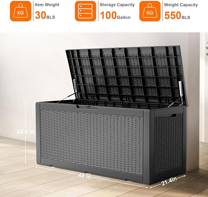 100 Gallon Resin Deck Box, Lockable Patio Outdoor Storage Box for Furniture, Garden Tools and Tools Storage, Waterproof Outside Storage Boxes - Black-Ruum Studio Home