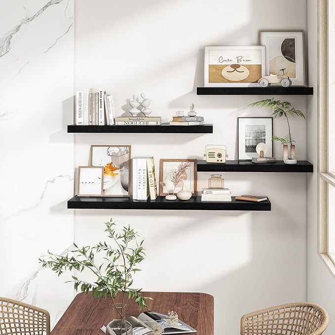 RICHFOCUS 40Inch Floating Shelves for Wall 2 Pack Shelves for Bedroom|Kitchen|Bathroom Wall Mounted Rustic Wood Floating Shelf with Invisible Brackets for Books|Storage|Decor, Black-Ruum Studio Home