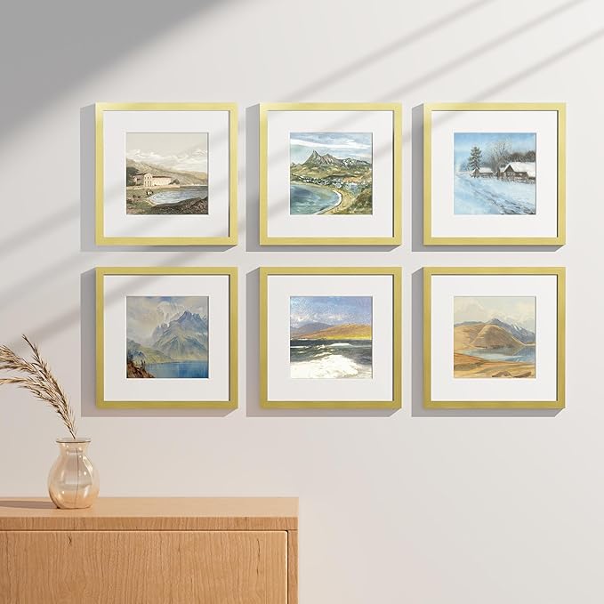 Vittanly 12x12 Picture Frames Set of 9, Shatter Resistant Plexiglass, Display 8x8 Pictures with Mat or 12x12 without Mat, Photo Frames for Wall Mount, Engineered Wood, Gold-Ruum Studio Home