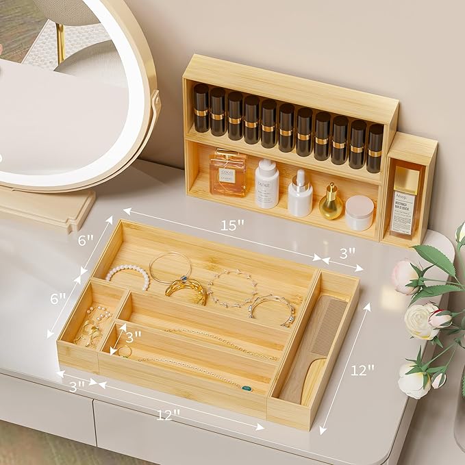 Kitchen Drawer Organizer Tray, Stackable Bamboo Deep Drawer Organizer for Large Silverware, Utensils, Cutlery, Flatware,Junk Drawer, Dresser, Bathroom, 17" x 6" x 2.5" (Set of 2)-Ruum Studio Home
