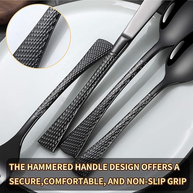 Hammered Black Silverware Set for 8,Stainless Steel 40-Piece Modern Cutlery Set,Mirror Polished Heavy Duty Flatware Set Utensil Set,Knives Spoons and Forks Set,Dishwasher Safe-Ruum Studio Home