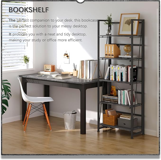 4NM No Assembly Foldable Bookshelf, 5-Shelf Collapsible Bookcase Storage for Small Spaces, 62.2" H, Gray and Black-Ruum Studio Home