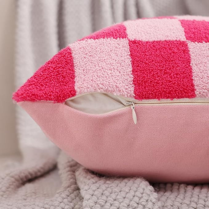 Alysheer Checkered Embroidered Decorative Throw Pillow Covers 18"x 18" Set of 2, Farmhouse Cottage Hot Pink Plaid Tufted Patterned Cotton Canvas Cushion Case for Sofa Couch Bed Living Room-Ruum Studio Home