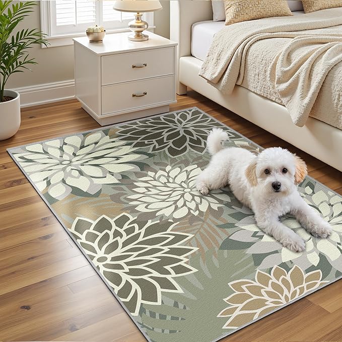 Area Rug 3x5 Brown White Washable Entry Rug Multicolored Tropical Botanical Modern Floral Indoor Kitchen Door Mat Entrance Carpet Non Slip for Bedroom Living Room, Porch-Ruum Studio Home