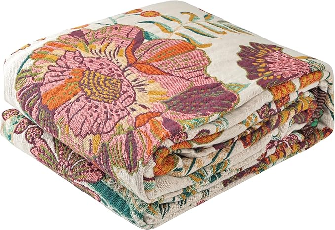 Boho Throw Blanket for Bed - 100% Pure Cotton Ultra Soft Rustic Quilt - Farmhouse Decor Bed Blankets, All Season Rustic Throw for Sofa Couch Chair(80''x 90'', Floral Blossom)-Ruum Studio Home