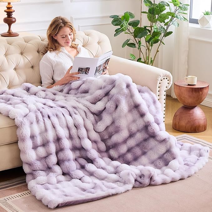Lotus Karen Faux Fur Throw Blanket Tie-Dye Purple - Big Bubble Rabbit Fluff Blanket for Couch, Large Fluffy Fuzzy Cozy Blanket,Thick Furry Plush Shaggy Blankets,108x90 Inches-Ruum Studio Home