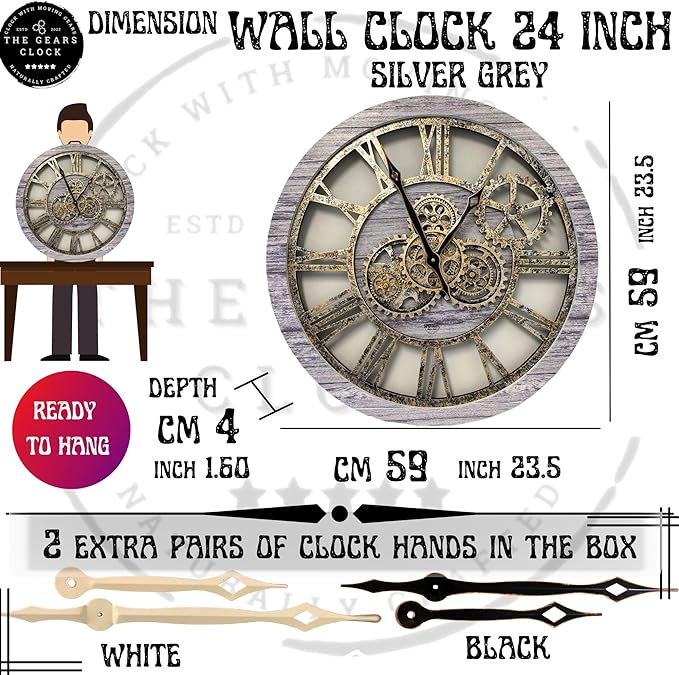 The Gears Clock The Original Real Moving Gear Wall Clock Vintage Industrial Oversized Rustic Farmhouse (24 inch (60cm),Silver Grey)-Ruum Studio Home
