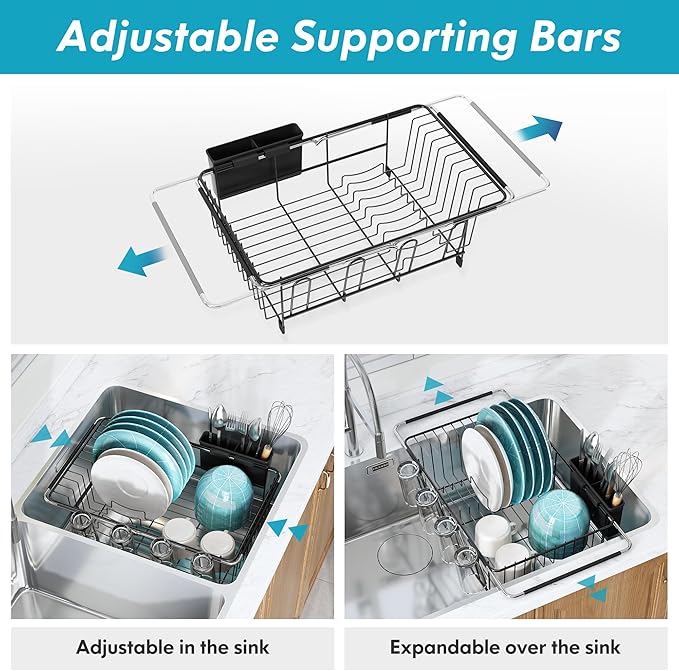 MAJALiS Dish Drying Rack in Sink - Small Dish Drainers for Kitchen Sink, Over The Sink Dish Racks with Utensil Holder, Stainless Steel Dish Rack in Sink, Black-Ruum Studio Home