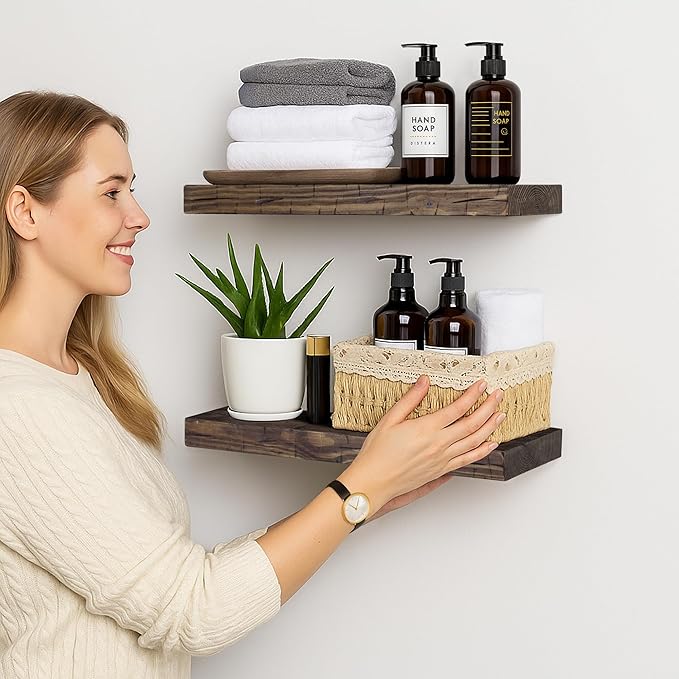 BGMG Floating Shelves 16 inch Long, Distressed,Wide Rustic Wooden Wall Shelves for Bathroom Living Room Bedroom Kitchen Farmhouse Set of 2-16x6.7x1.25 inch-Distressed Walnut-Ruum Studio Home