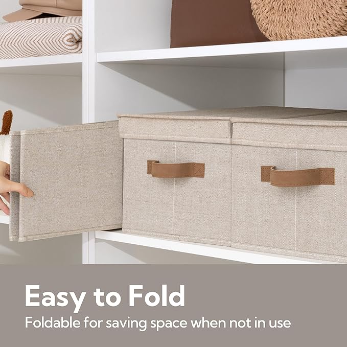 StorageWorks Large Storage Bins with Lids, Decorative Storage Boxes with Lid and PU Handles, Foldable Storage Baskets for Closet, Shelves, Stackable, Brown and Beige, 3-Pack-Ruum Studio Home