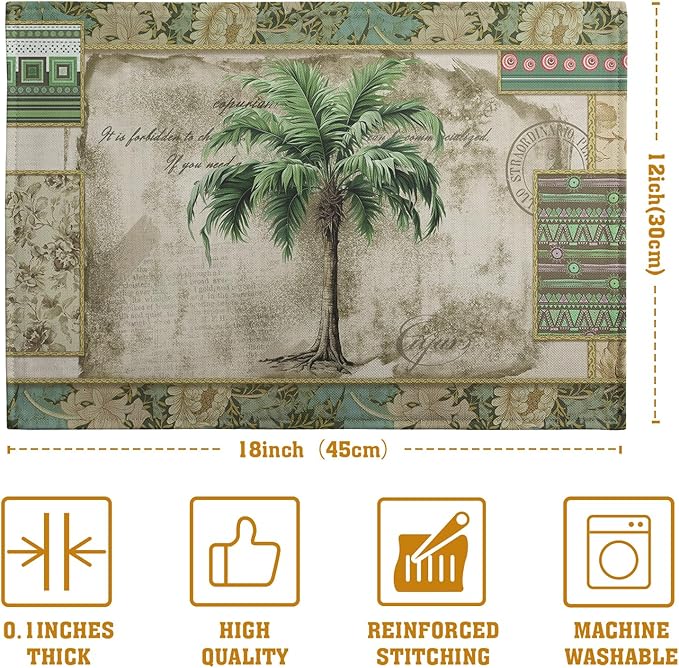 Tropical Palm Tree Placemats Set of 4 Summer Vintage Green Leaf Kitchen Table Mat 12x18 Inch Hawaii Beach Jungle Plant Tree Heat Resistant Washable Linen Place Mats for Dining Tables-Ruum Studio Home