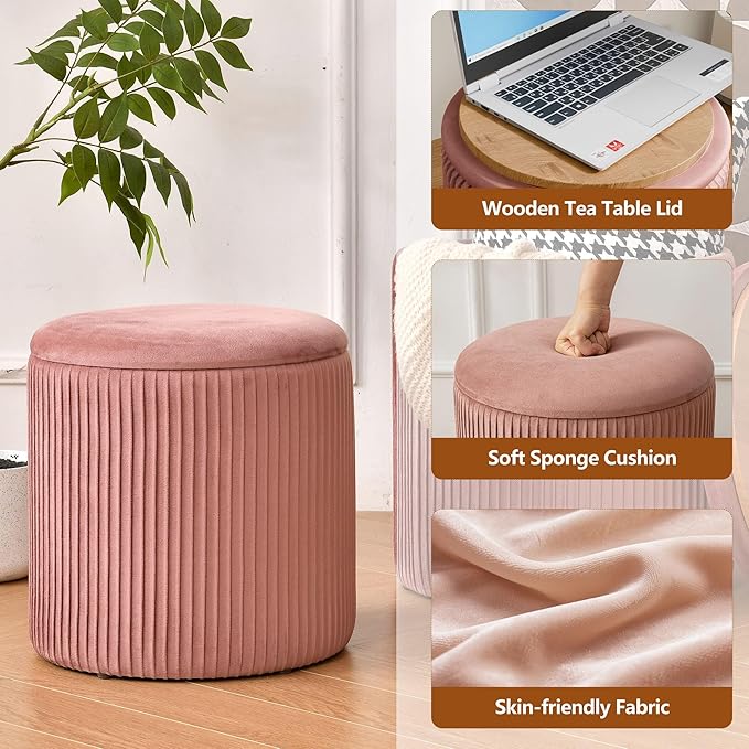 Ottoman with Storage Set of 2, Velvet Storage Ottoman, Upholstered Sponge Vanity Stool Support 300lbs, Multifunctional Coffee Table Foot Rest Ottomans for Living Room Bedroom, Pink-Ruum Studio Home