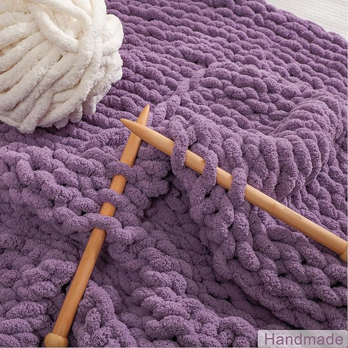 WESHIONGOO Chunky Knit Blanket Throw Knitted Throw Blankets for Couch Bed Fluffy Soft Blanket with Jumbo Chenille Yarn Thick 100% Handmade (Purple, 50"×60")-Ruum Studio Home
