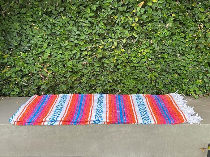 Del Mex Classic Mexican Blanket, Large Authentic Woven Falsa Throw (70"x50"), Artisan Southwest Décor for Beach, Yoga, Outdoors (Orange/Pink/Blue)-Ruum Studio Home